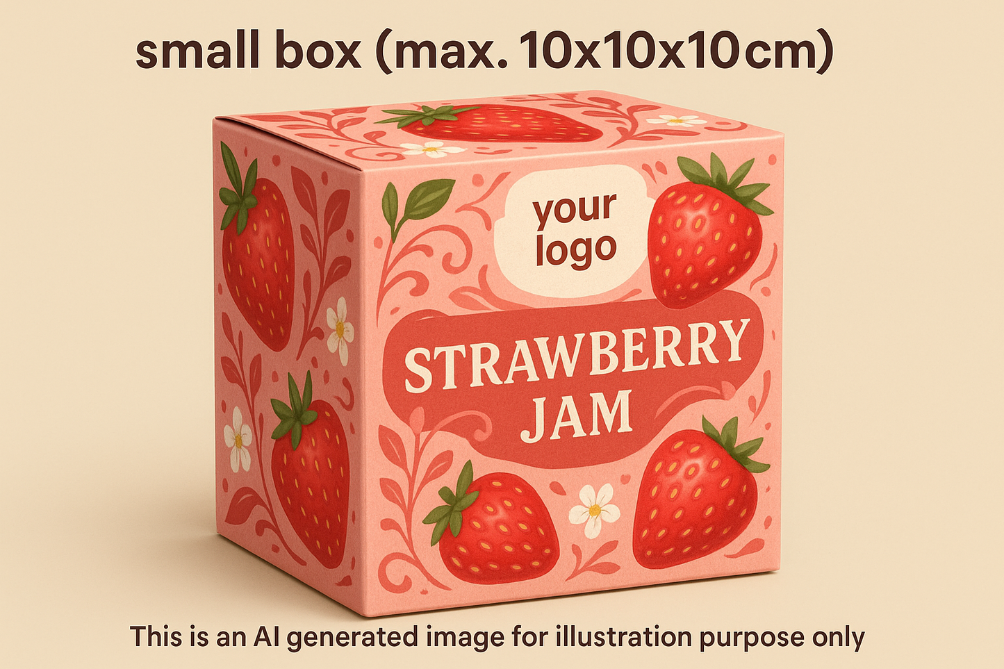 as title, add text "small box (max. 10x10x10cm)". then, generate image of 3d square box with design around the box,fitting as strawberry jam box packaging. this image must be taken from front side angle where it shows the front+left side of the box to show the 3D ness. on the front side of box (middle center section, add "your logo"). at the bottom of this image write This is an AI generated image for illustration purpose only