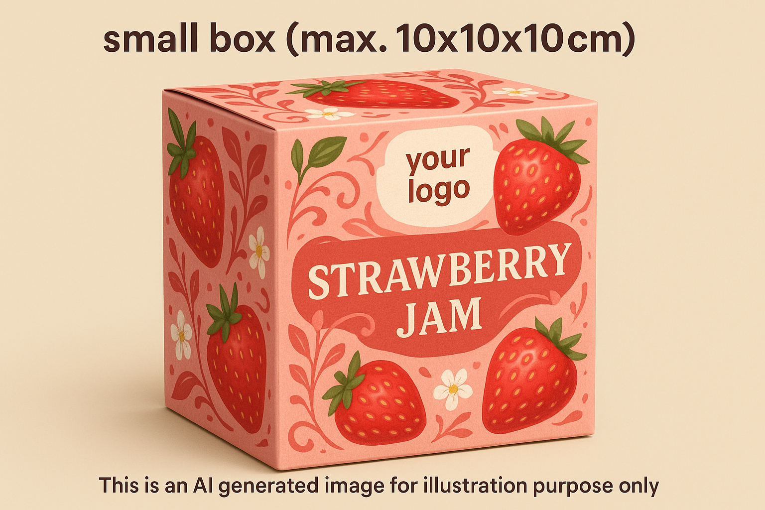 as title, add text "small box (max. 10x10x10cm)". then, generate image of 3d square box with design around the box,fitting as strawberry jam box packaging. this image must be taken from front side angle where it shows the front+left side of the box to show the 3D ness. on the front side of box (middle center section, add "your logo"). at the bottom of this image write This is an AI generated image for illustration purpose only