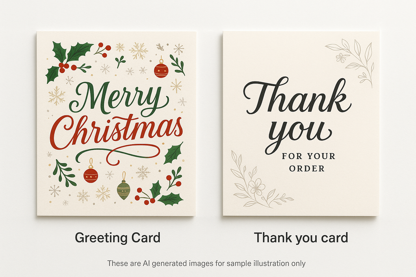 create me an image of a greeting card that says Merry Christmas next to a "Thank you for your order" card. under each card add text "Greeting Card" under Mery Christmas card, and "Thank you card" under Thank you for your order image. Then write 1 line of disclaimer : this is AI generated images for sample illustration only (pls correct the grammar)
