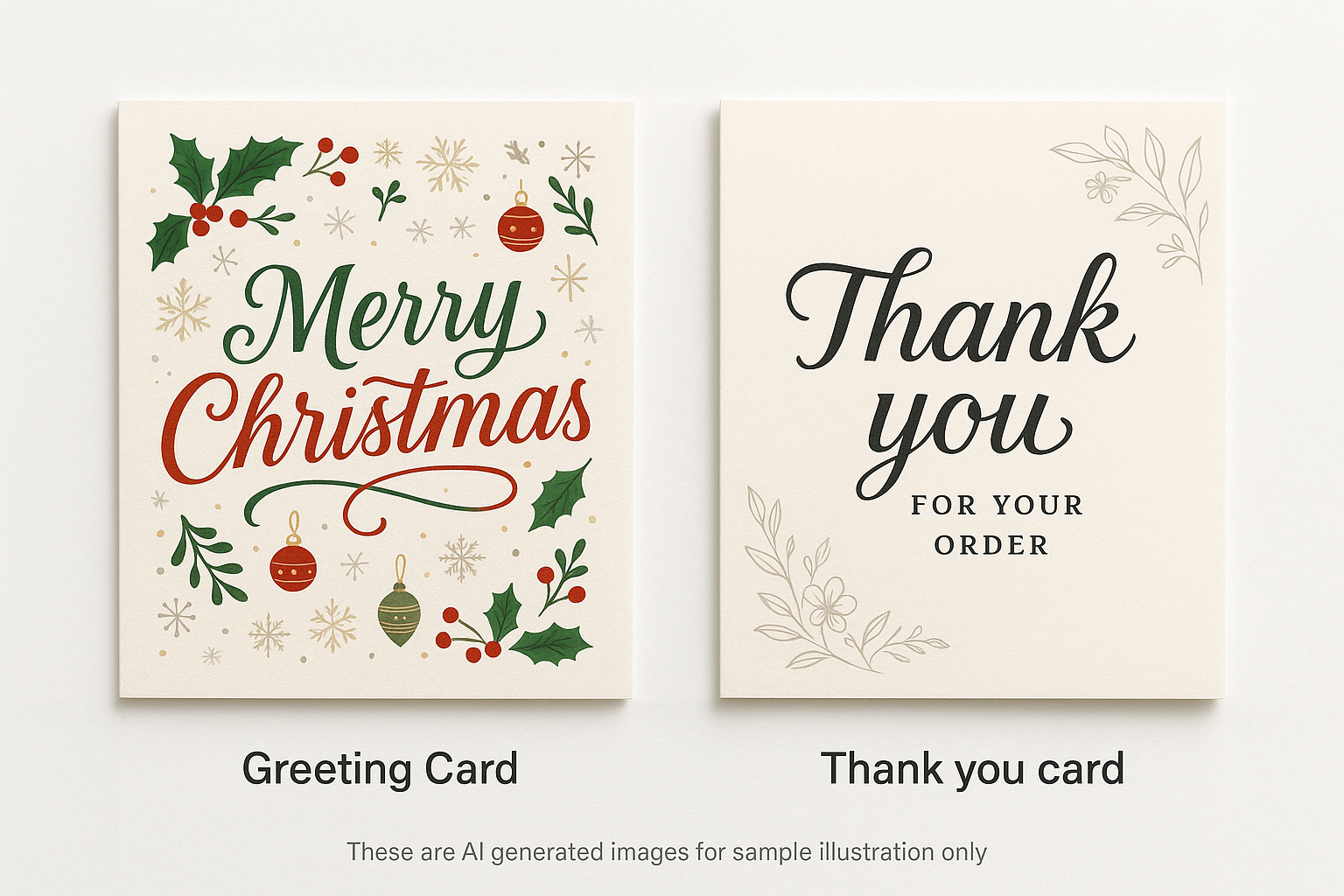 create me an image of a greeting card that says Merry Christmas next to a "Thank you for your order" card. under each card add text "Greeting Card" under Mery Christmas card, and "Thank you card" under Thank you for your order image. Then write 1 line of disclaimer : this is AI generated images for sample illustration only (pls correct the grammar)