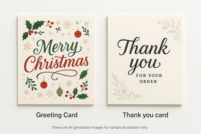 create me an image of a greeting card that says Merry Christmas next to a "Thank you for your order" card. under each card add text "Greeting Card" under Mery Christmas card, and "Thank you card" under Thank you for your order image. Then write 1 line of disclaimer : this is AI generated images for sample illustration only (pls correct the grammar)