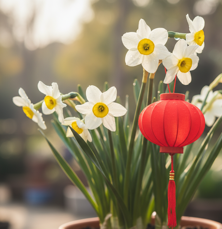 create narcissus flowers realist image with a small chinese new year lantern hanging on one of its branches. no chinese text on the lantern